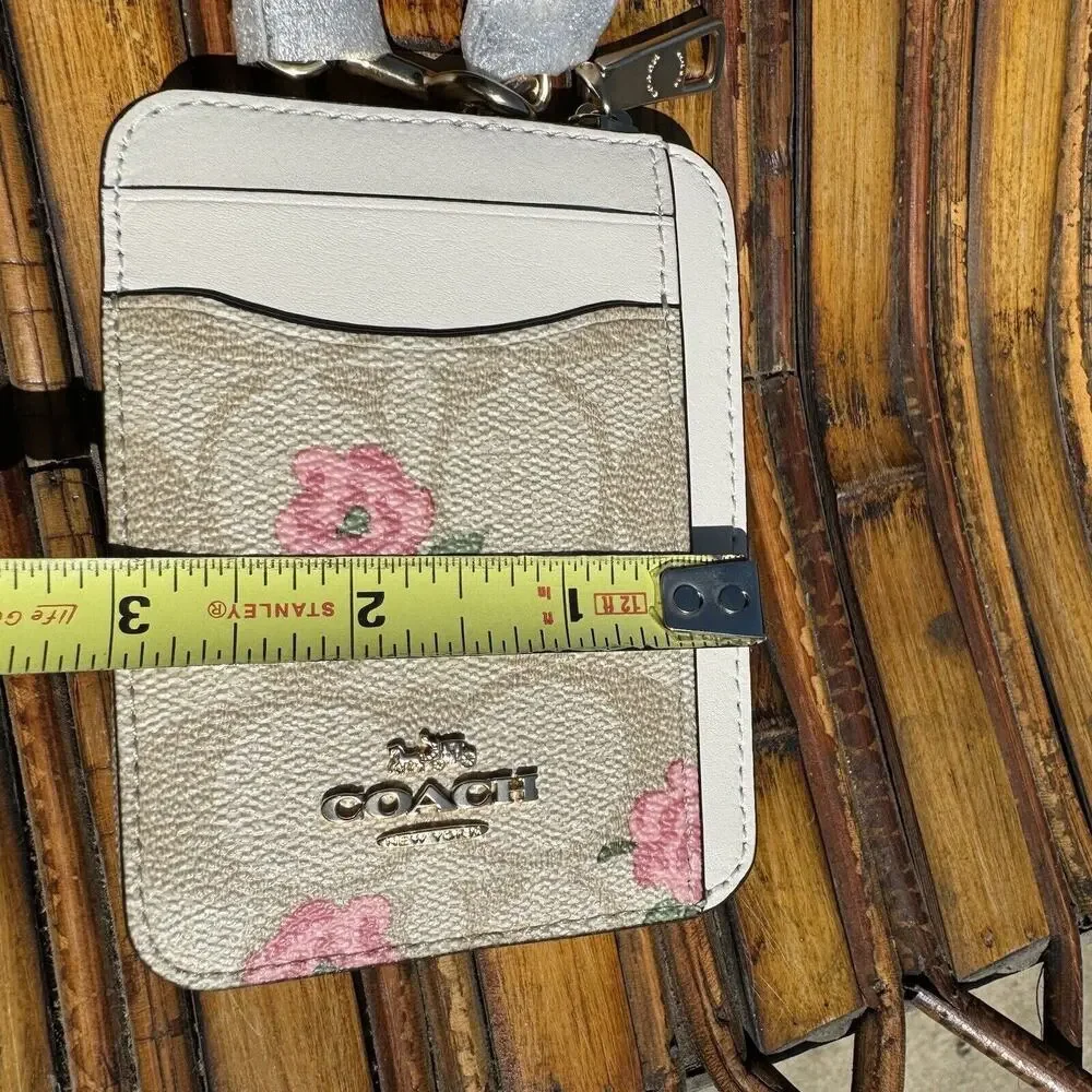 Coach Zip Card Case Gold Signature Canvas Beige Pink With Floral Print CR971